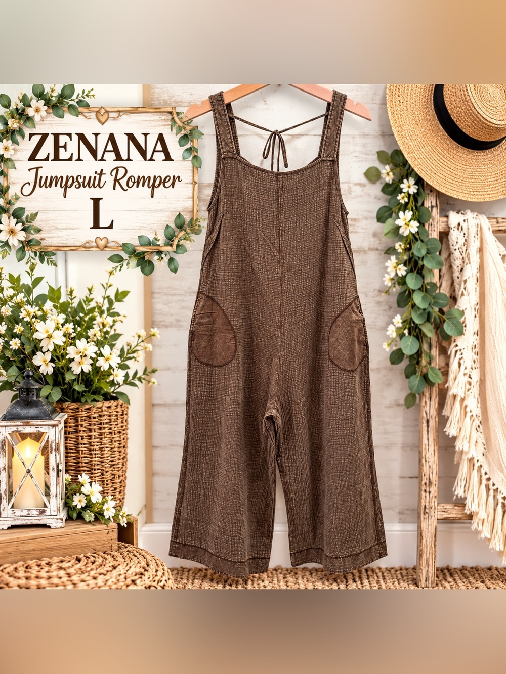ZENANA Woven Tie Back Suspender Jumpsuit Brown Large
